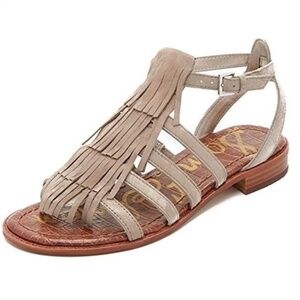 SAM EDELMAN Gladiator Sandals Estelle Taupe Gray Suede Fringe Flats Boho